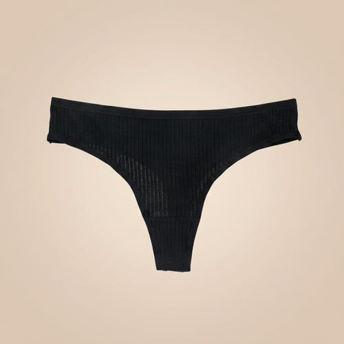 Women's black ribbed cotton thong underwear with soft breathable fabric and comfortable everyday fit by OnlyCotton