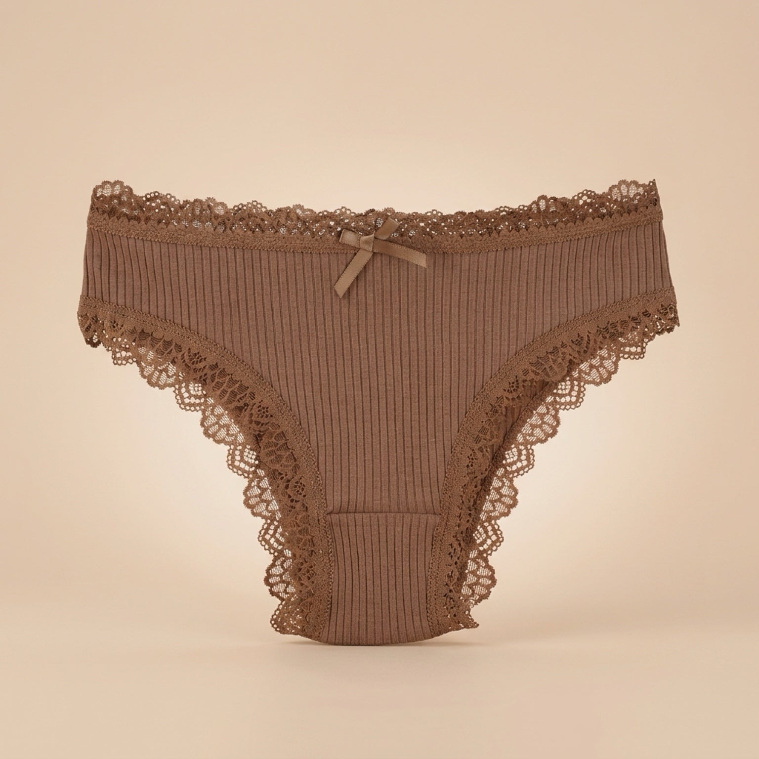 Chocolate brown ribbed women’s brief panty with lace trim and bow detail