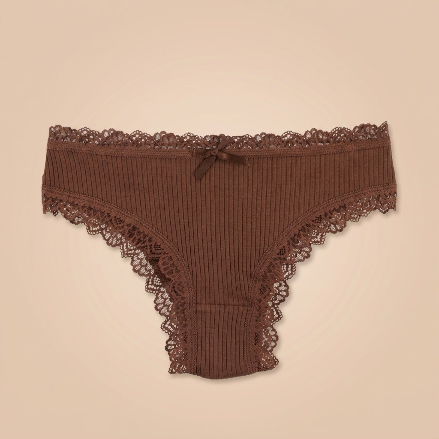 Chocolate brown ribbed cotton bikini underwear with lace trim and bow detail, front view