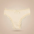 Women's cream cotton bikini panties with ribbed fabric, lace trim and bow detail, breathable everyday underwear front view