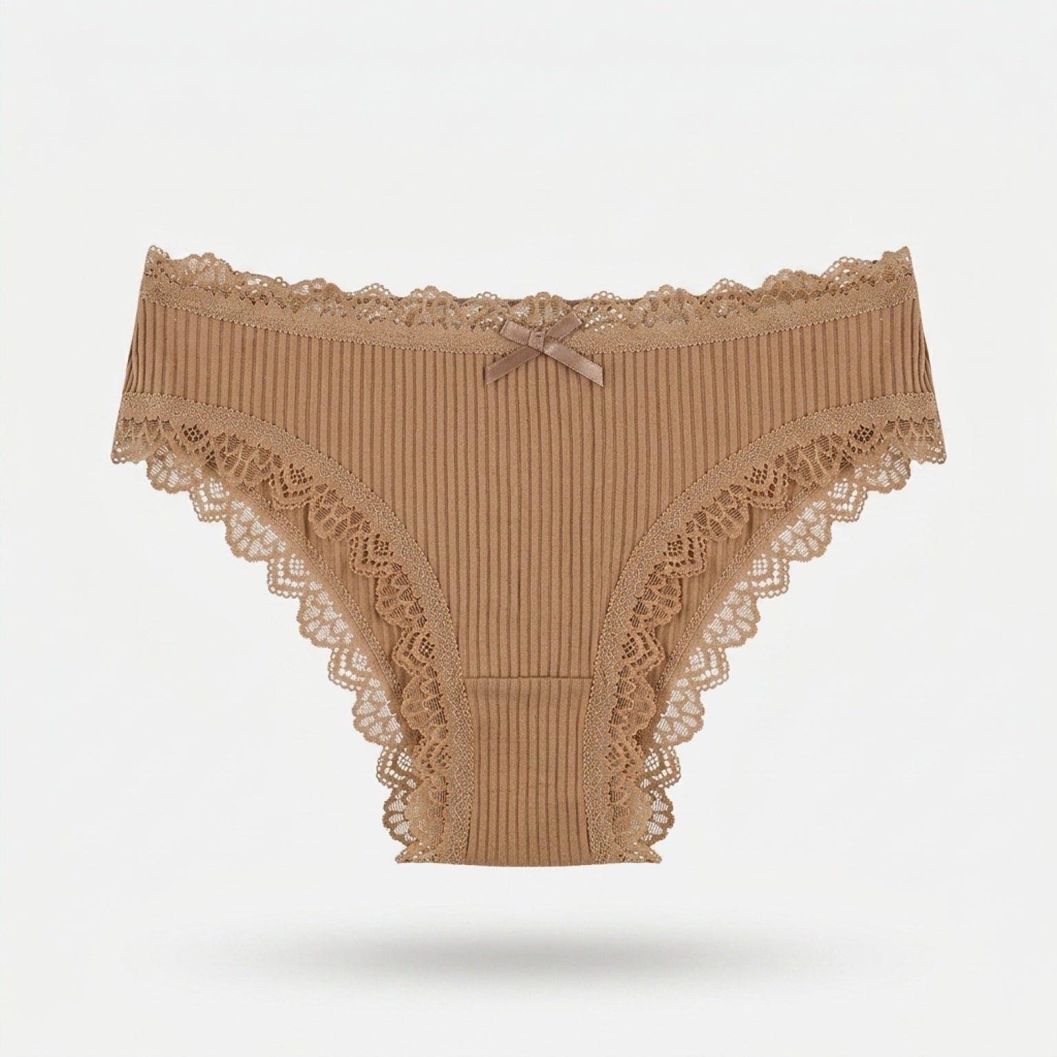 Women's mocha cotton bikini panties with ribbed fabric, lace trim and bow detail, breathable everyday underwear front view