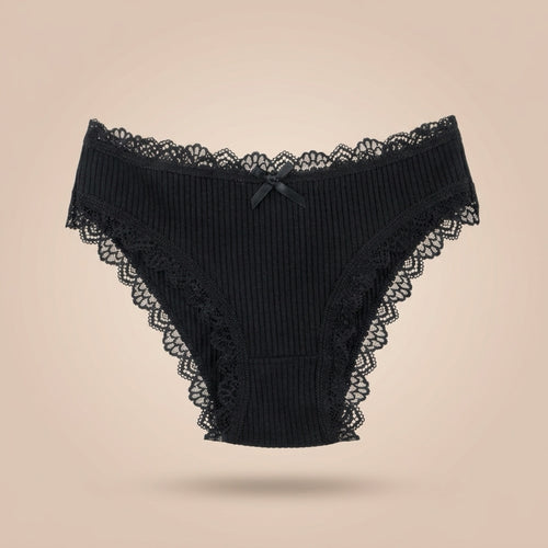 Black ribbed cotton bikini underwear for women with lace trim, front view on a neutral background